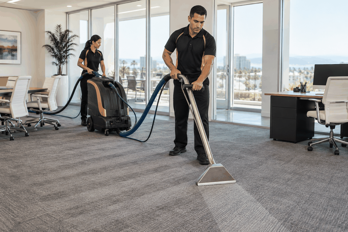 Worker extracting carpet in an office with large windows